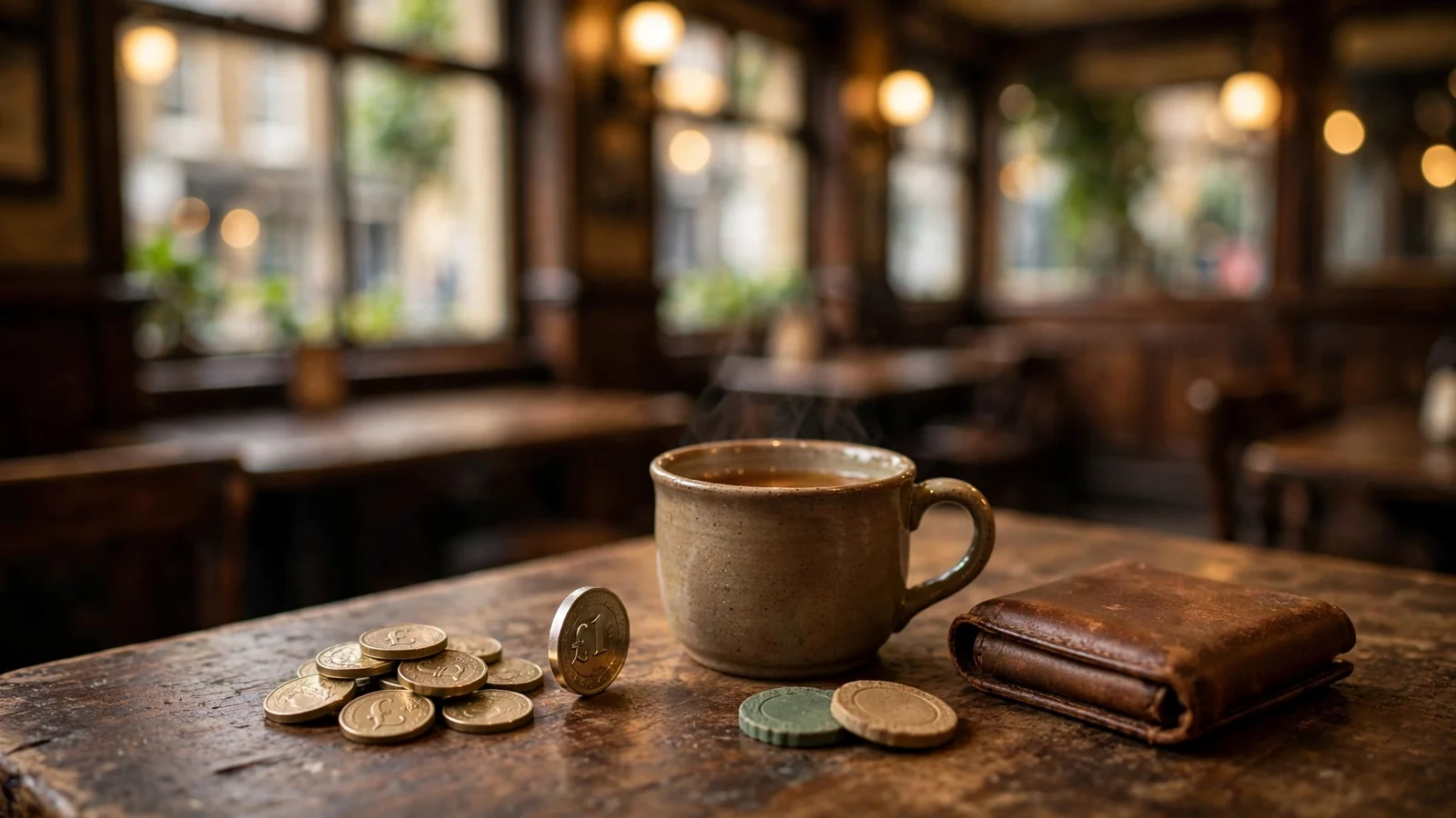 British pound coins and gaming chips on a pub table