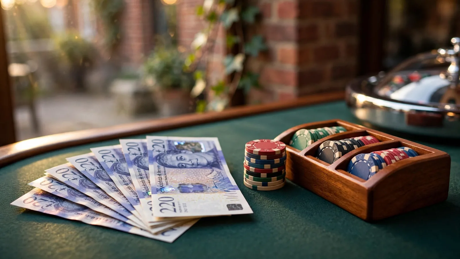 British twenty pound banknotes beside casino chips on a green felt table