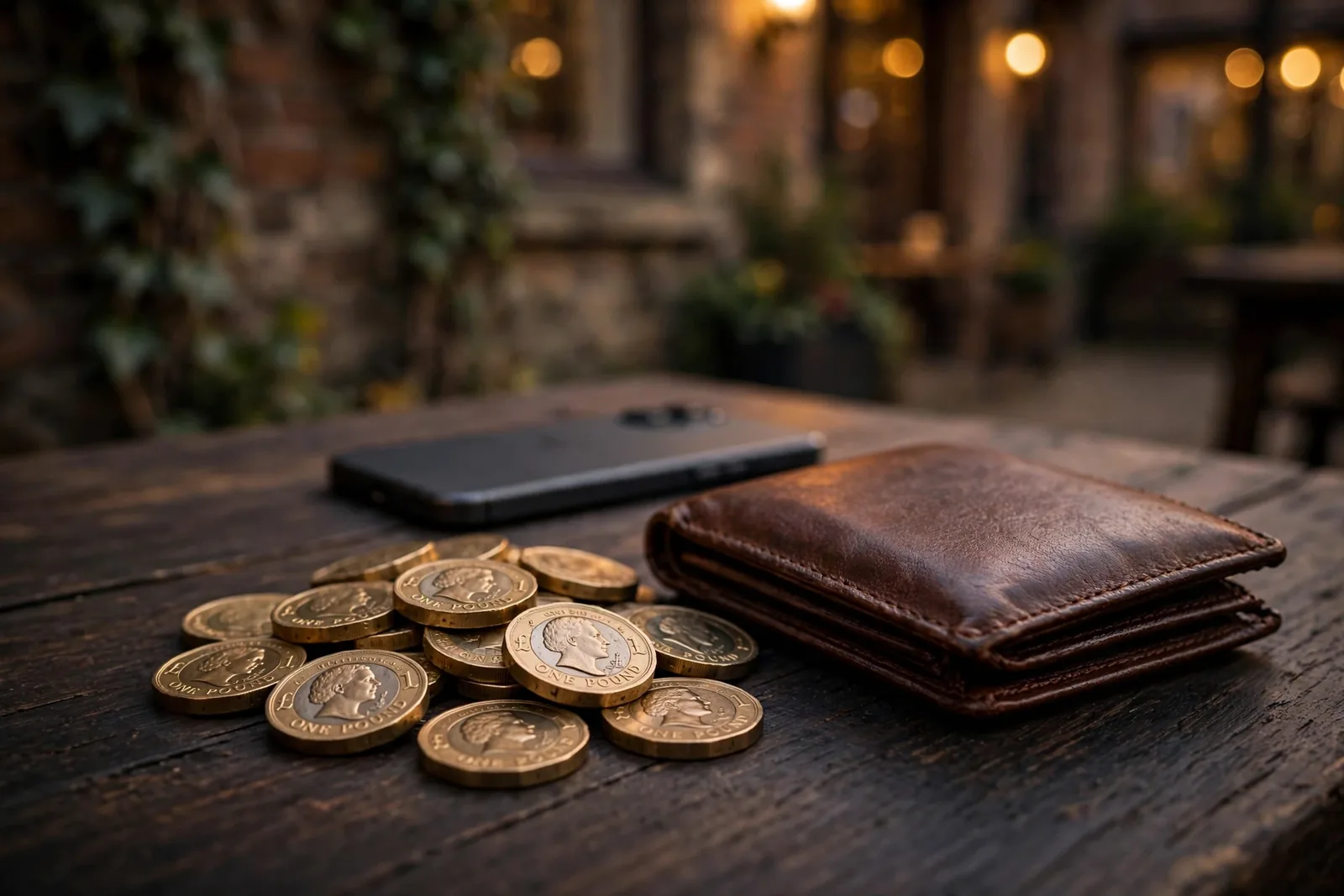 British pound coins beside a closed wallet with a phone face-down