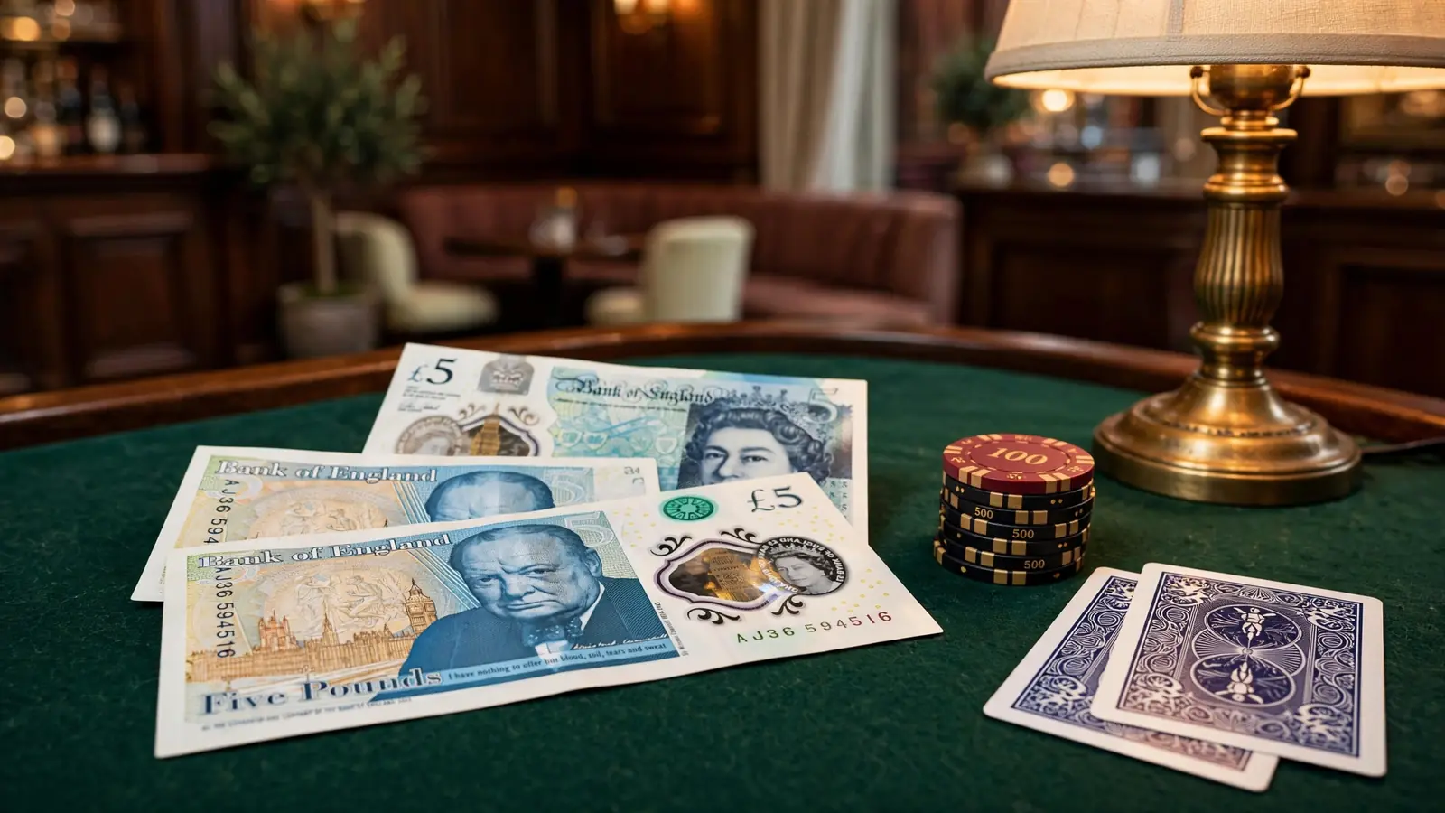 British five-pound notes, casino chips, and face-down playing cards on green felt