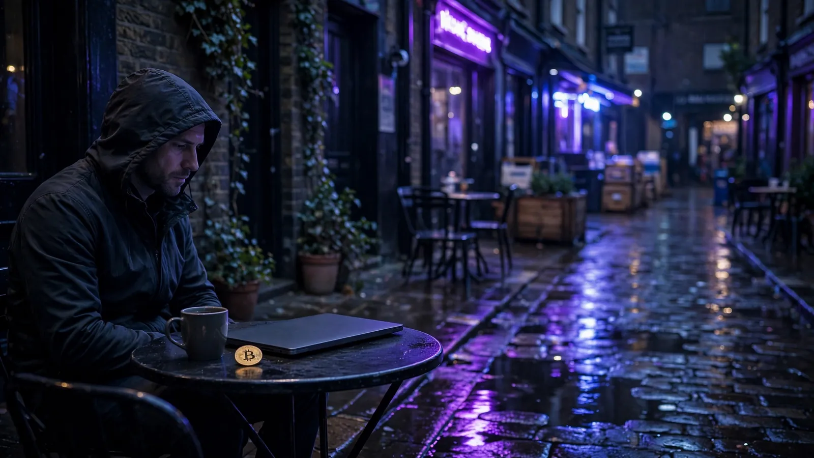 Hooded person with closed laptop and Bitcoin coin on a rainy London street at night.