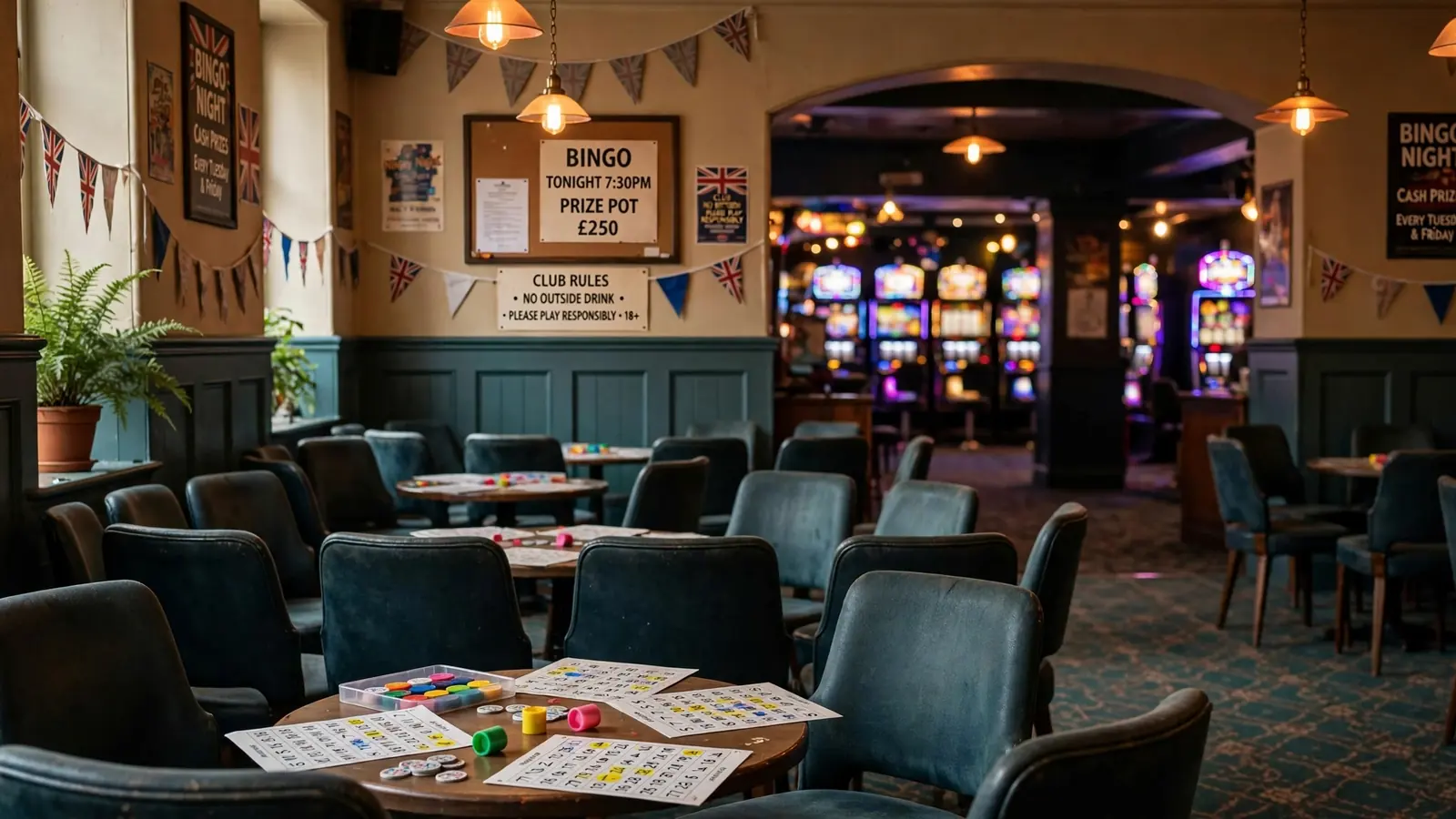 British bingo hall interior with cards and daubers on tables, slots area softly glowing behind.