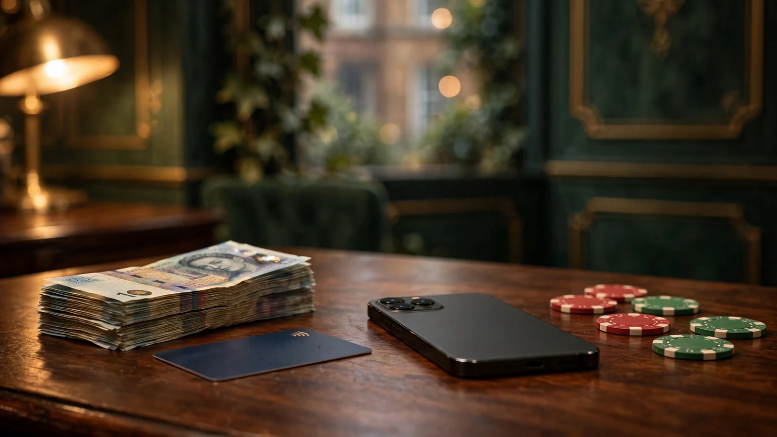 British pounds, contactless card, smartphone and casino chips on a wooden desk