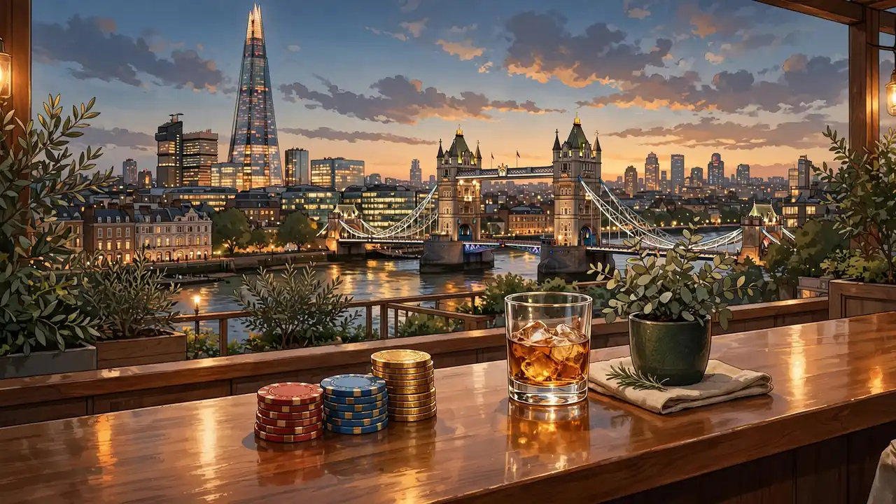 Stylised London skyline with casino chips and a whisky glass on a bar counter at dusk.