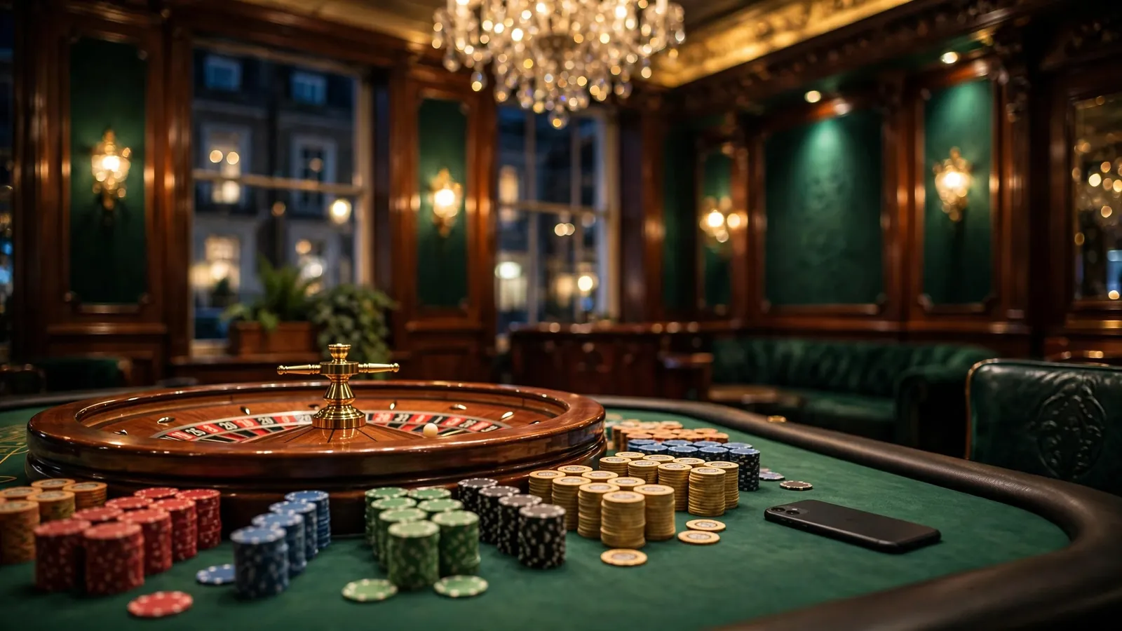 Stylish UK casino lounge with roulette wheel and stacked chips at night.