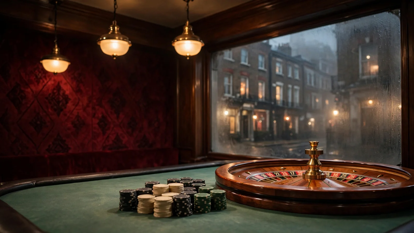 Classic British casino interior with roulette wheel and chip stacks at night