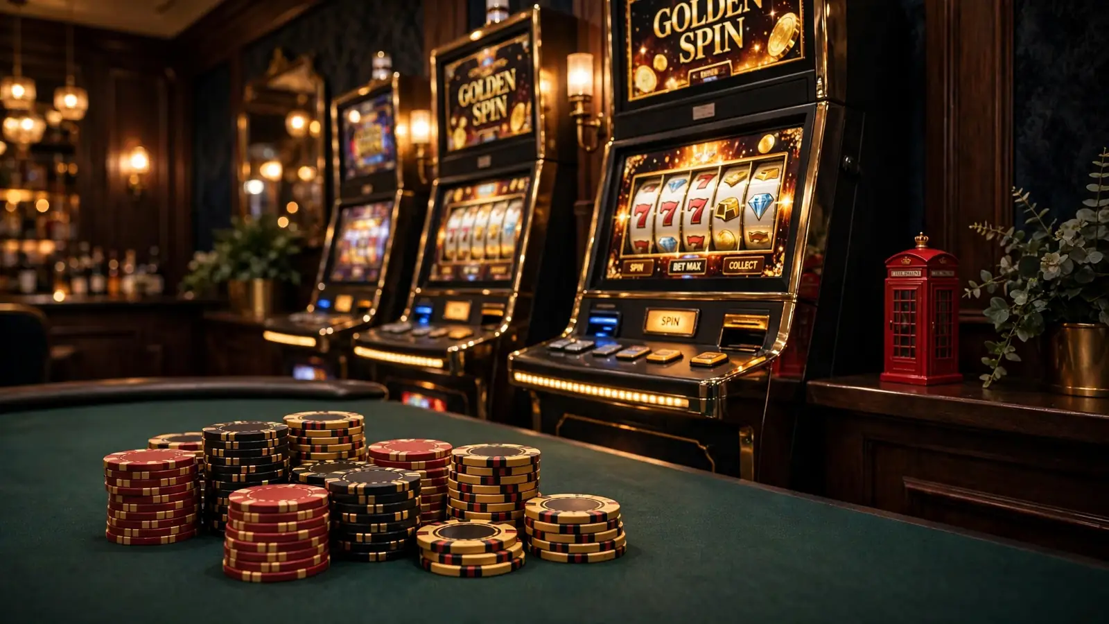 Luxurious UK casino interior with illuminated slot cabinets and stacked gambling chips