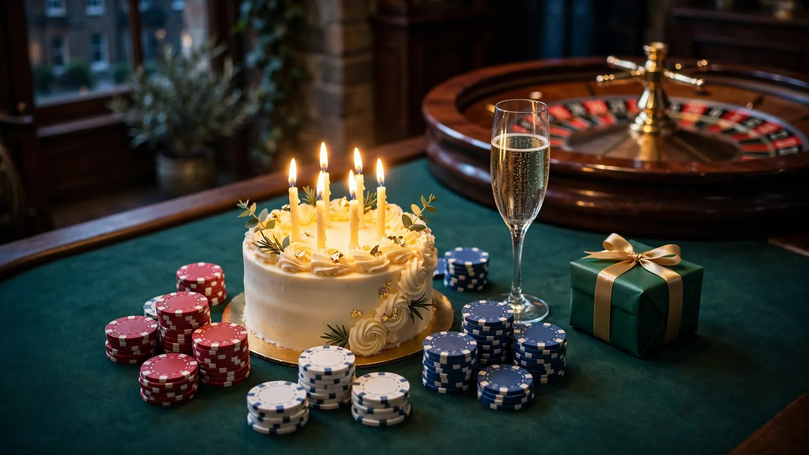 Birthday cake with lit candles on a green casino table with stacked chips, a roulette wheel and a champagne flute.