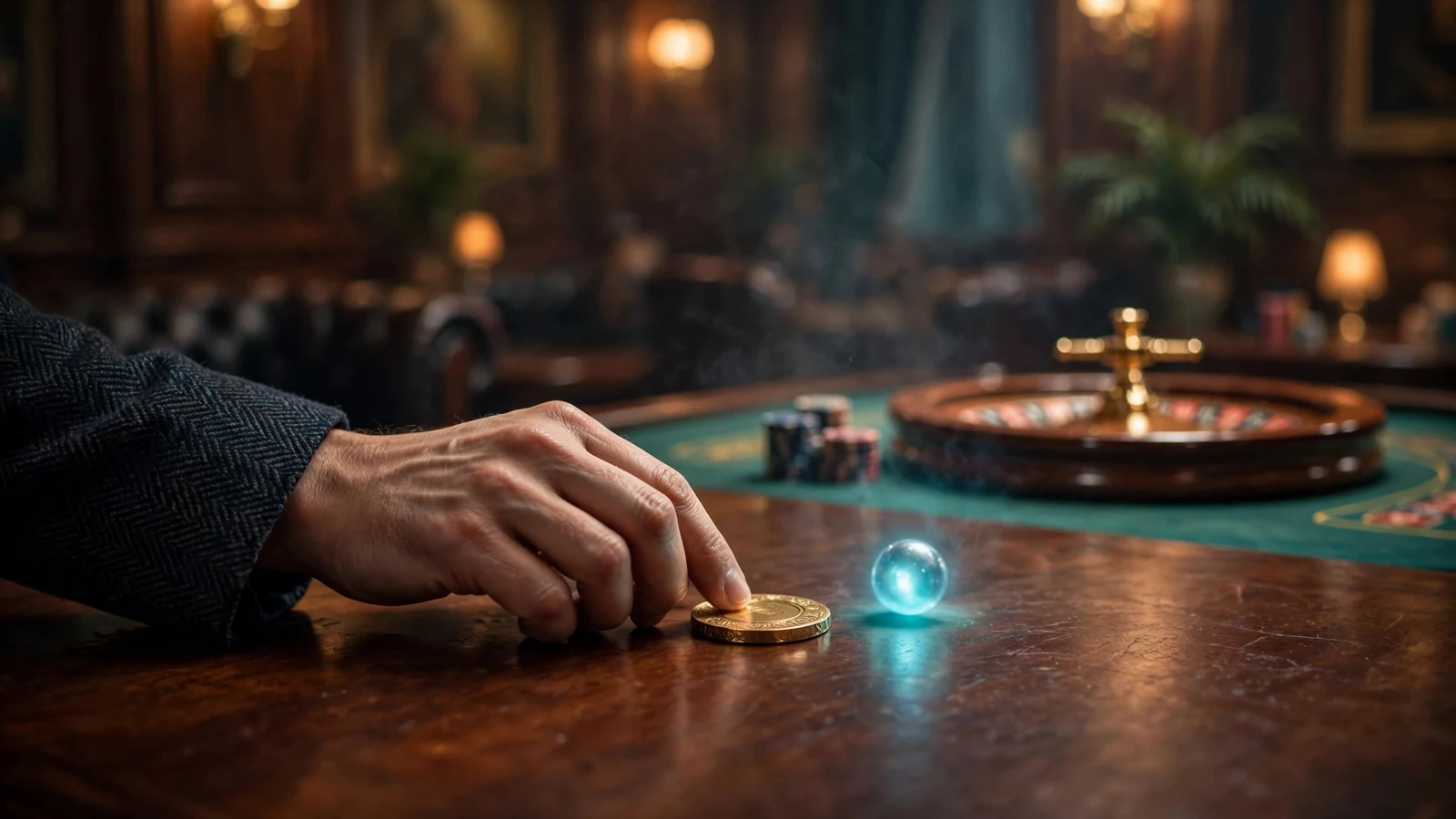 Hand sliding a gold casino chip across a wooden table in a moody UK casino lounge with a roulette wheel.
