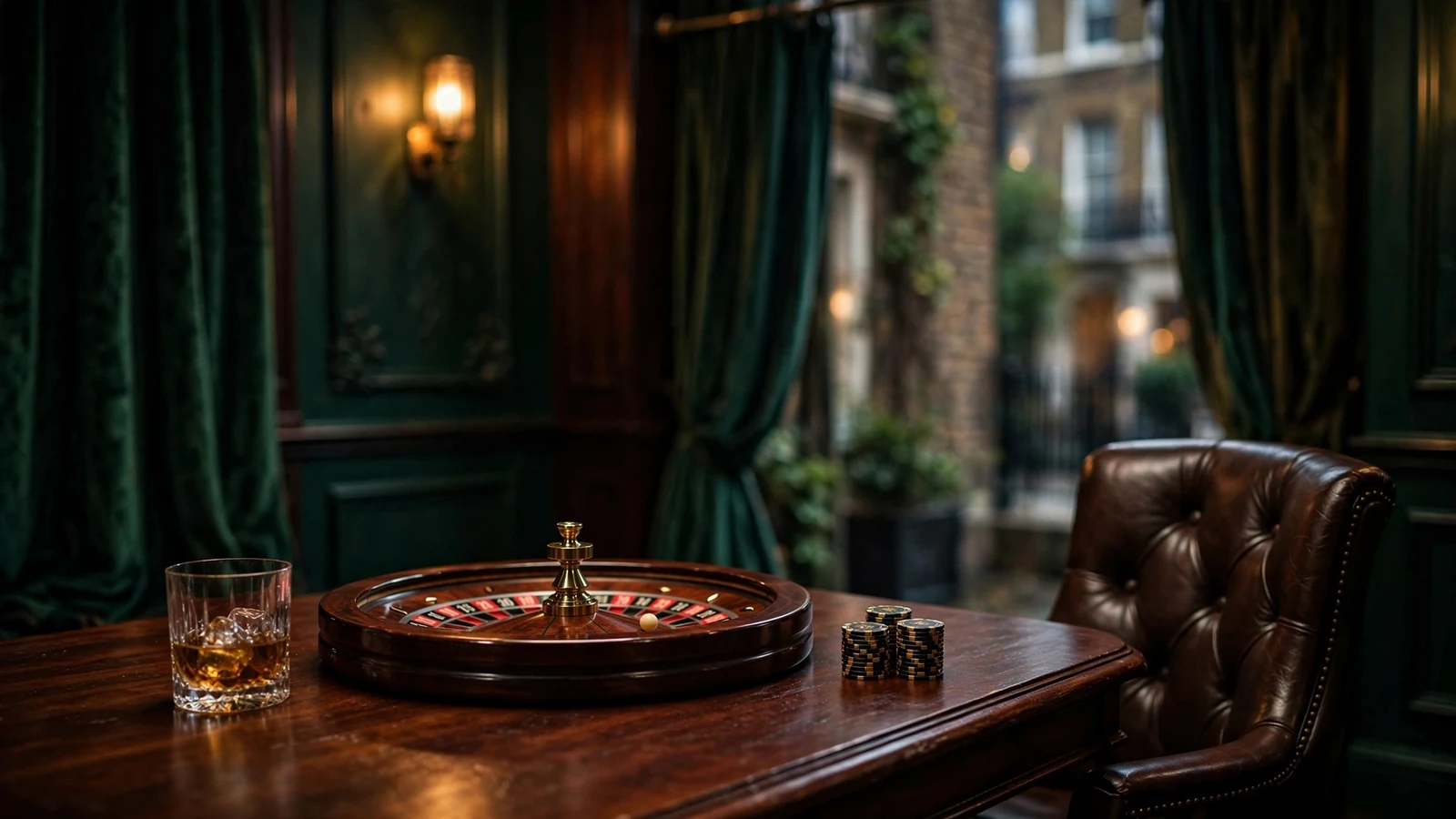 Empty luxury London gaming room with roulette and gold chips