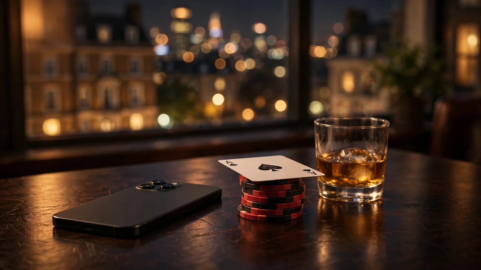 Smartphone face-down with casino chips and playing card on dark table