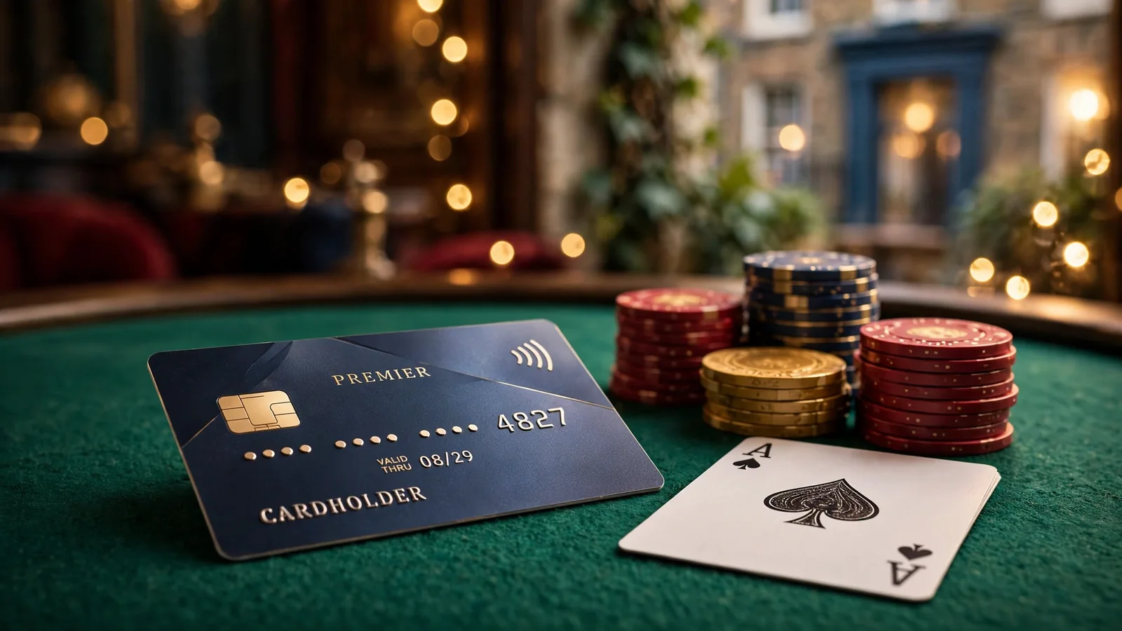 Premium payment card on green casino felt with chips and playing card