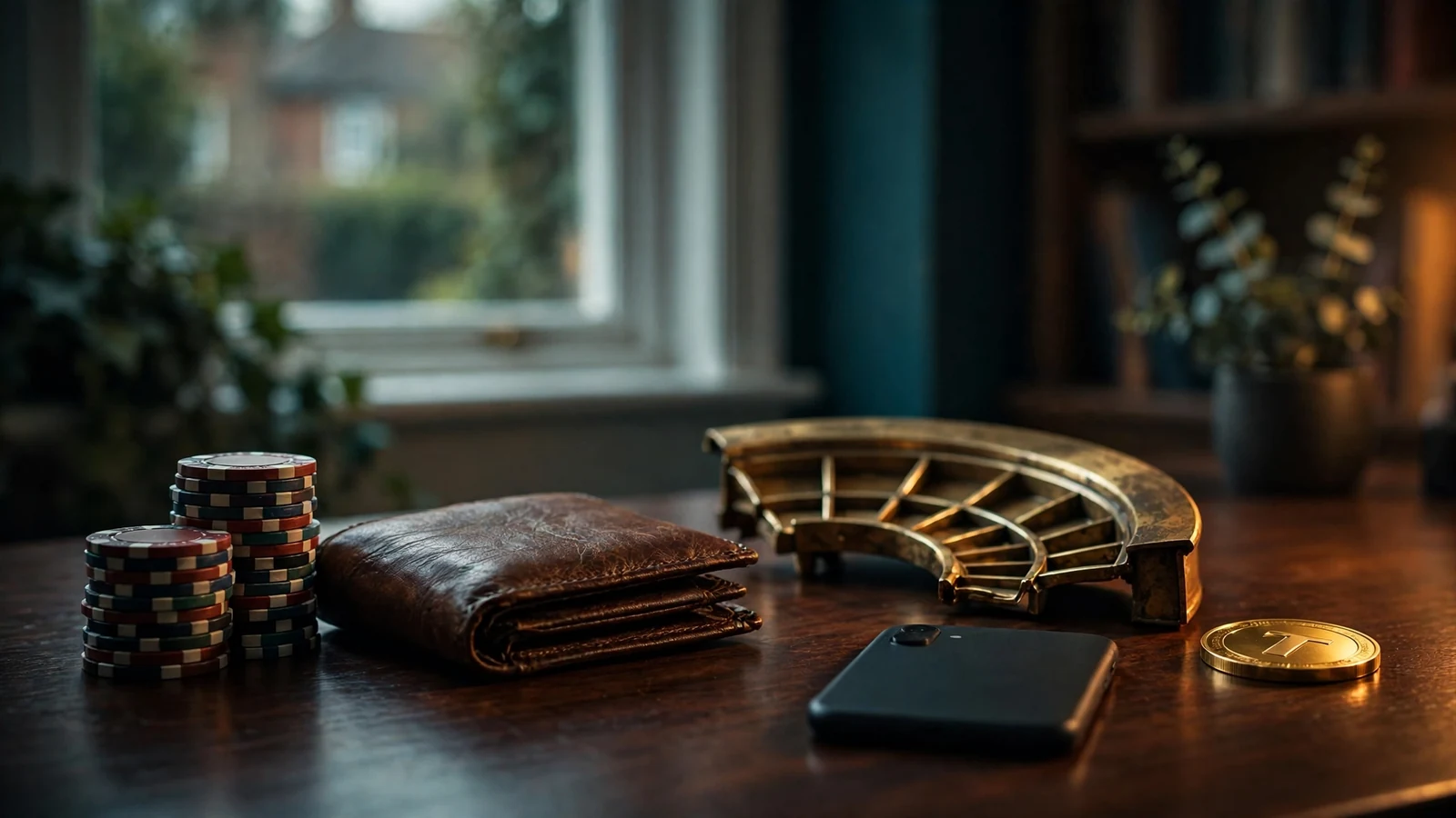 Casino chips, roulette wheel fragment, and a Tether-themed coin on a desk.