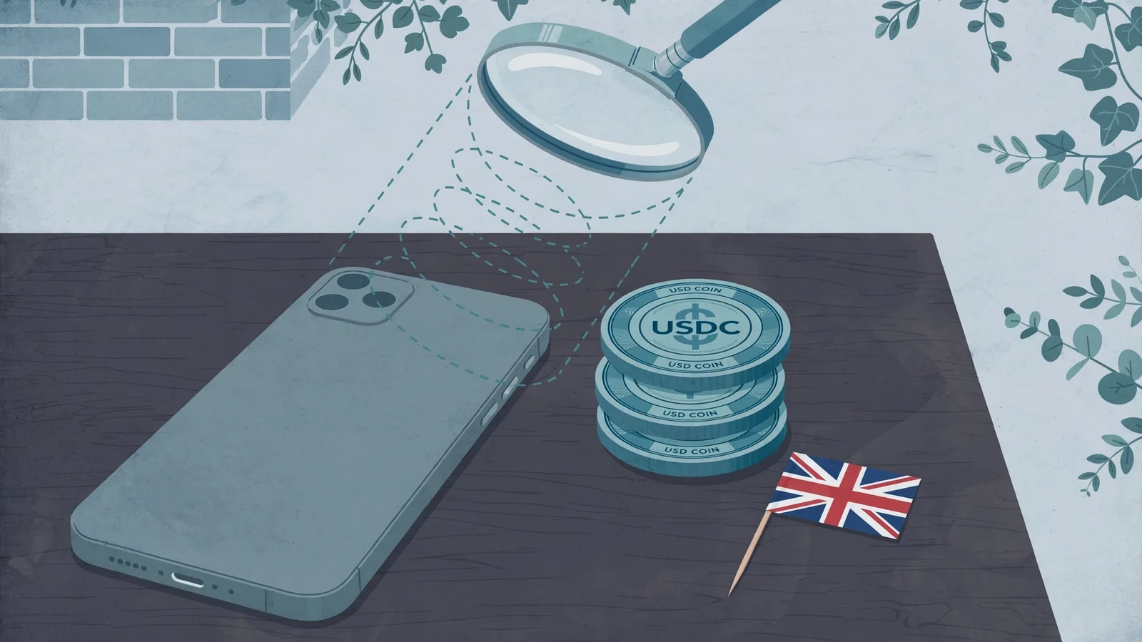Smartphone face-down on desk with USDC tokens and UK flag under a magnifying glass
