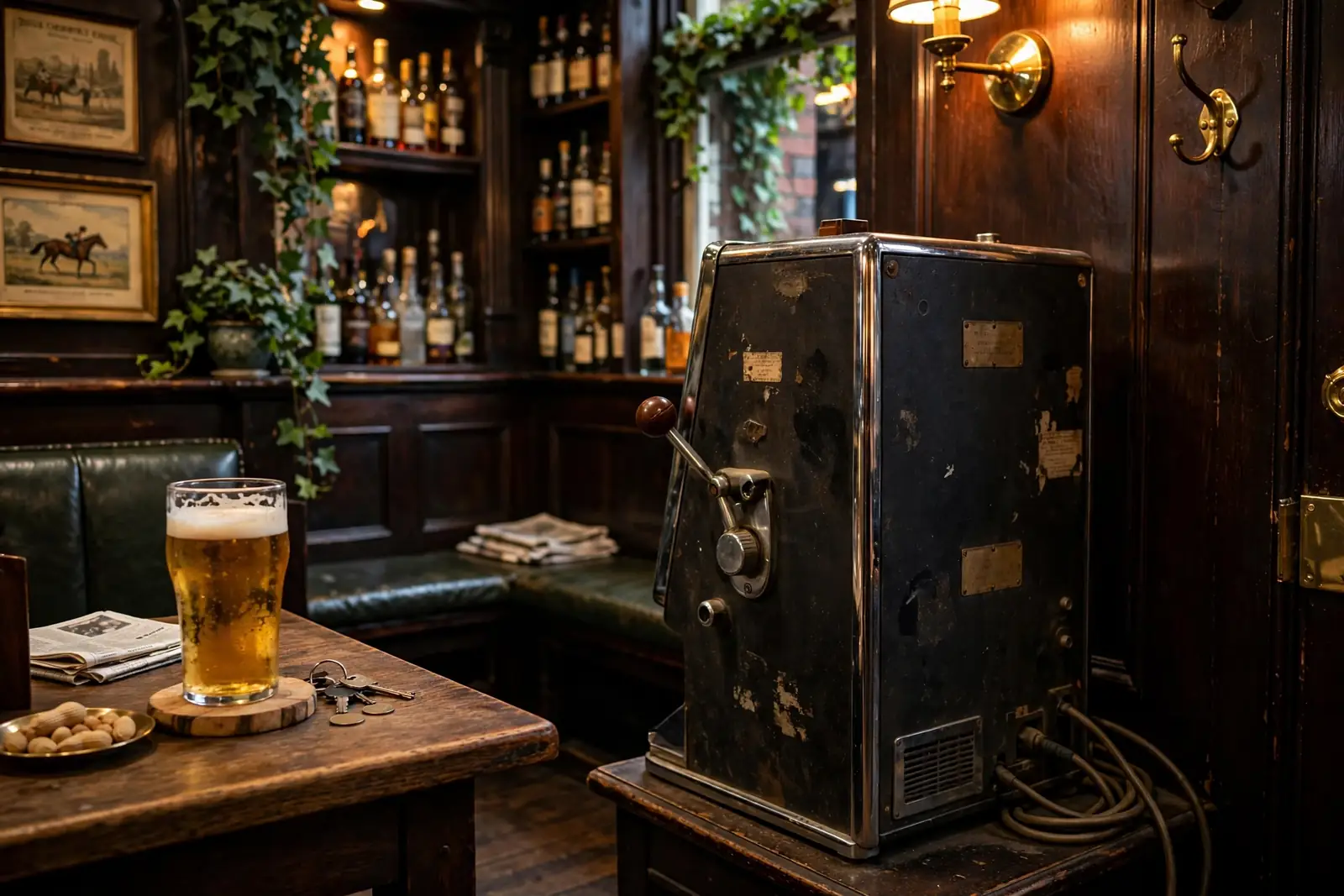 Vintage British fruit machine in a traditional pub with warm amber lighting