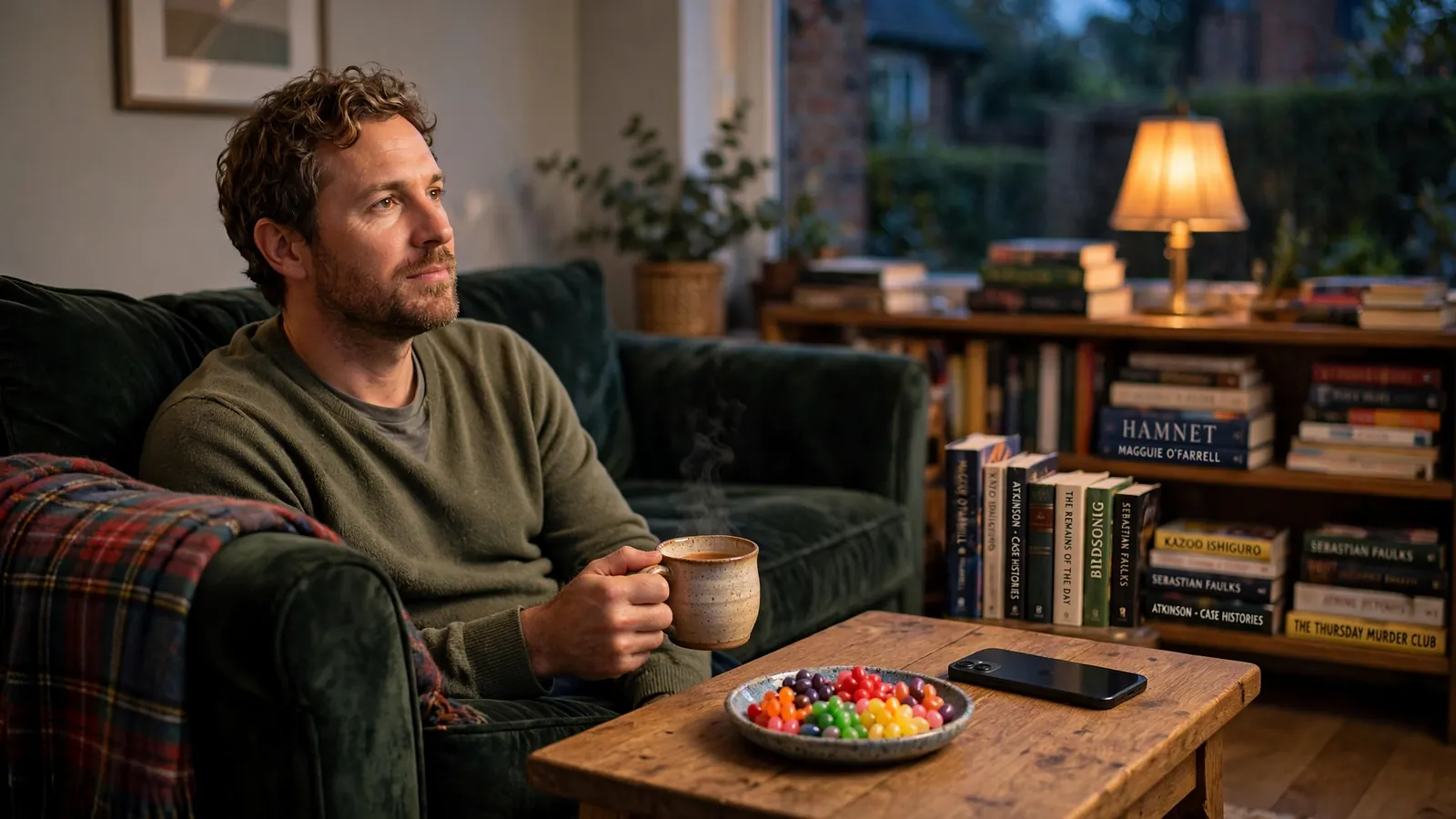 Person relaxing on sofa in British living room with smartphone face-down beside clustered jelly beans on coffee table.