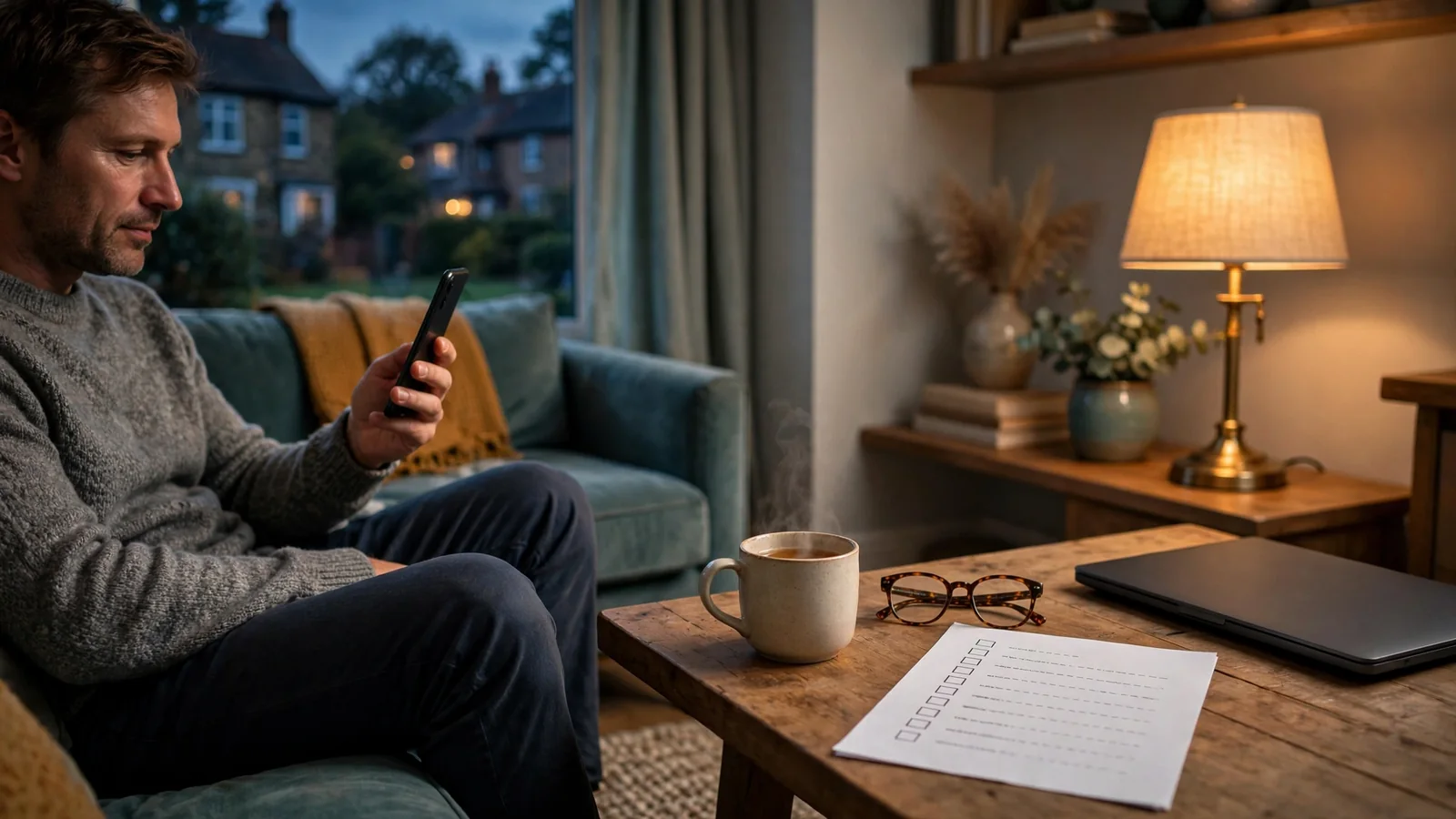 Person at home reviewing casino licence details on a turned-away phone in a British living room.