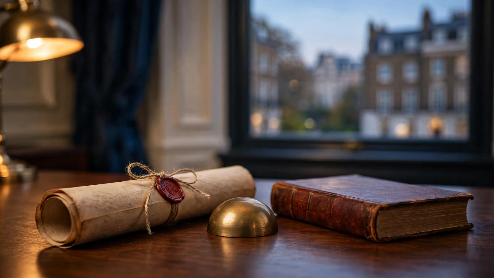 Licensed document with wax seal on a dark wooden desk at dusk