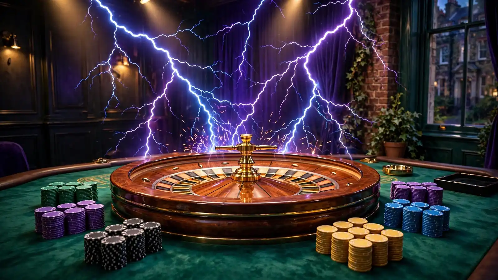 Luxurious live roulette studio table with crackling lightning effects and colorful casino chips, UK setting