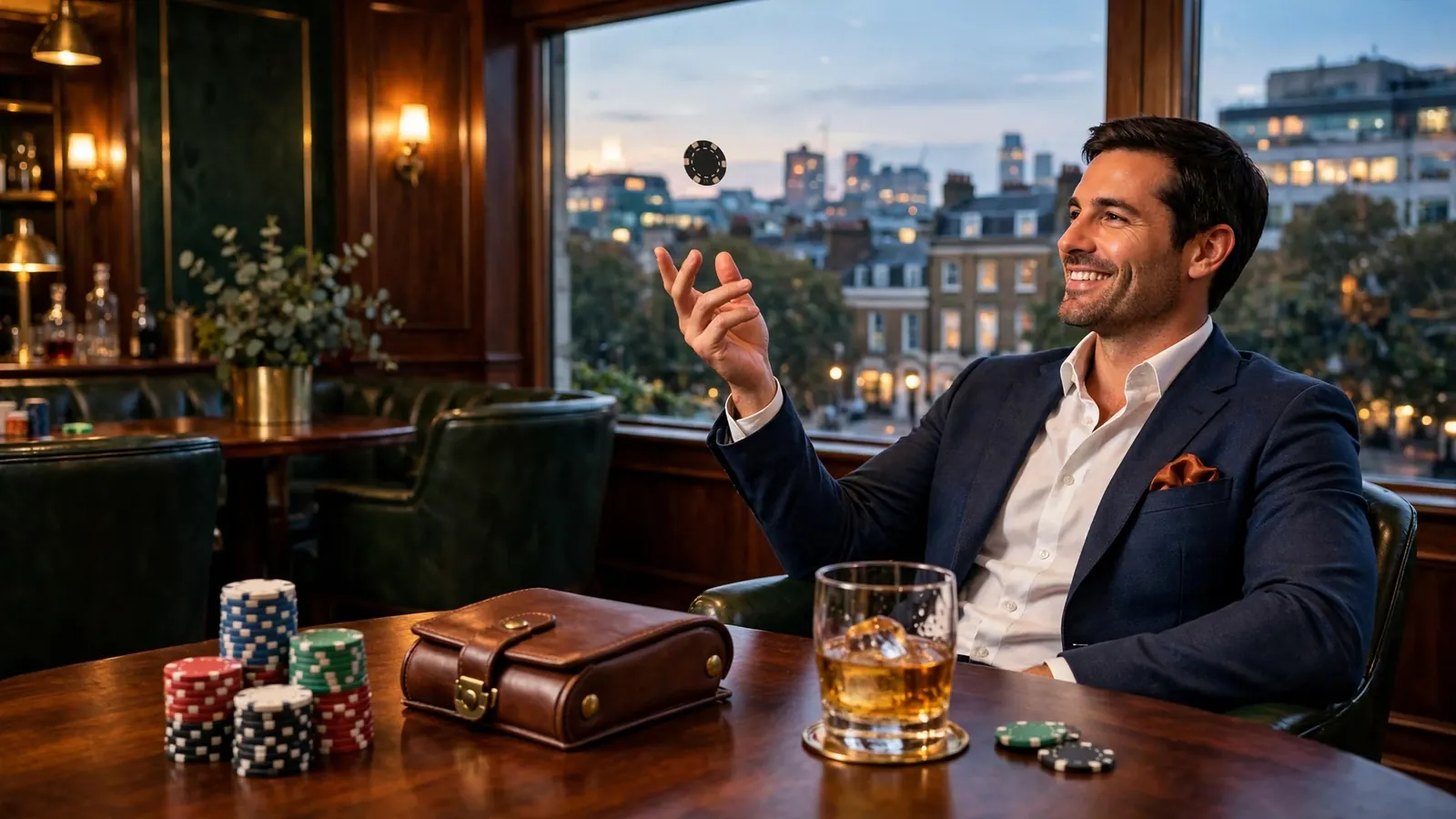 Stylish London casino lounge with chips and a confident player at dusk