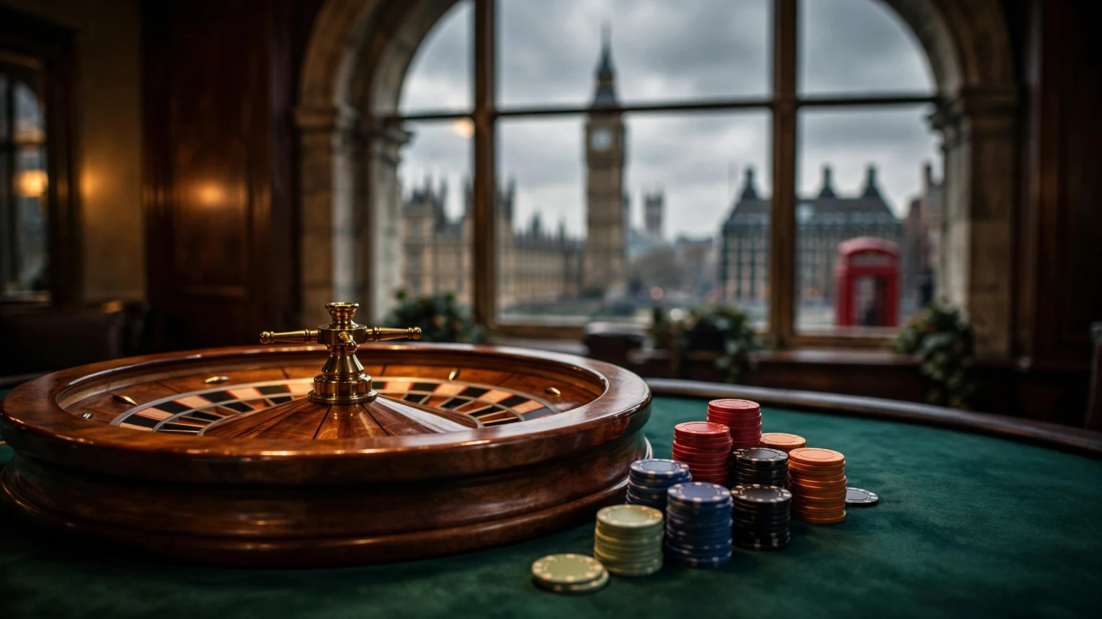 Roulette wheel and chips on green table with London skyline silhouette through window behind.