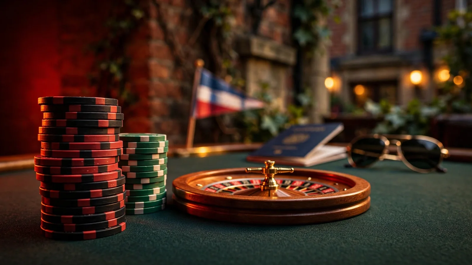 Casino chips, a roulette wheel, and a passport suggesting an offshore, non-UK regulated gambling setting.