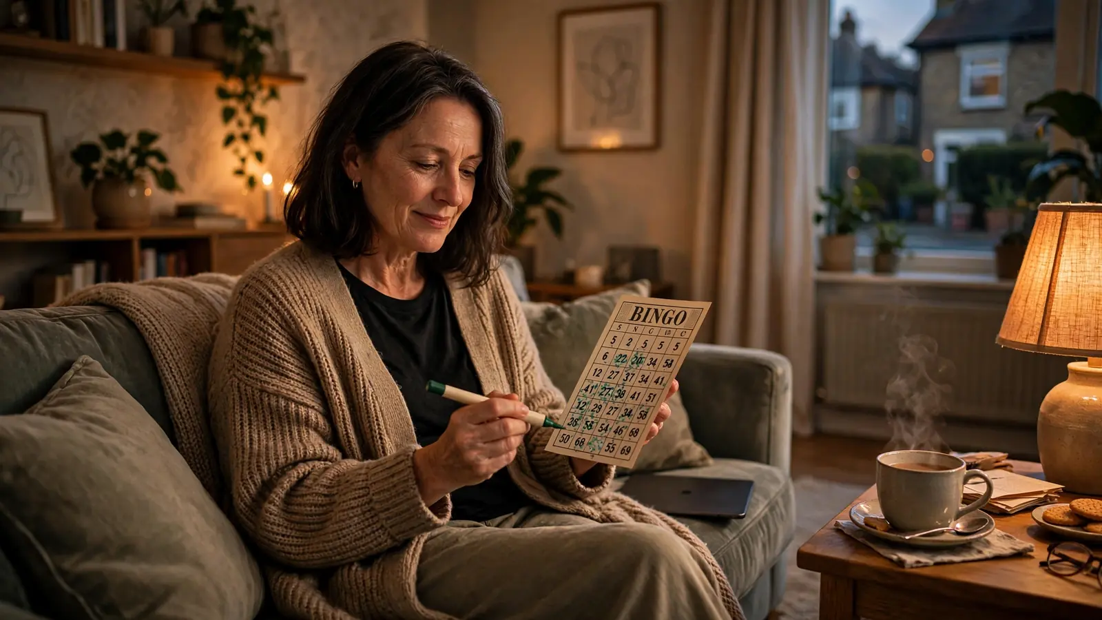 Woman at home playing bingo with paper card and tablet in a cosy British living room