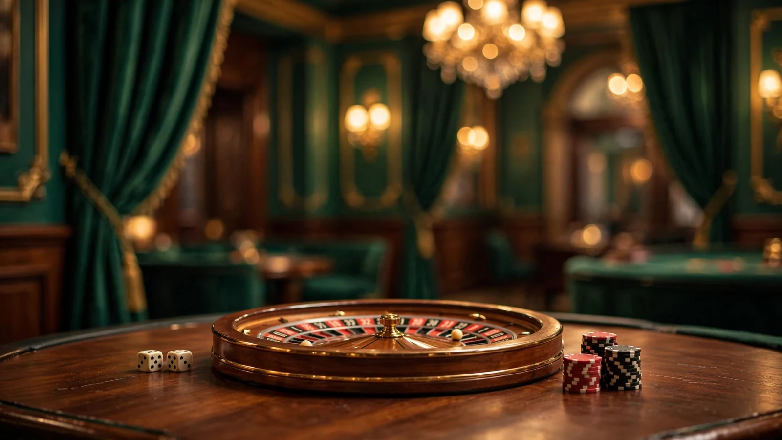 Stylized British casino table with roulette wheel and chips in warm green lighting.