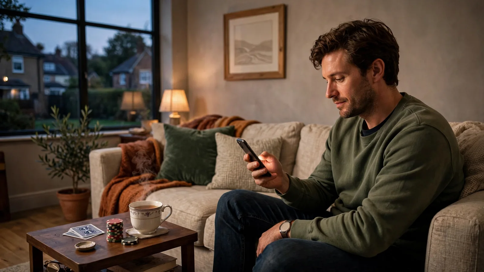 Person relaxing with smartphone beside casino chips, playing cards, and a cup of tea in a warm UK living room