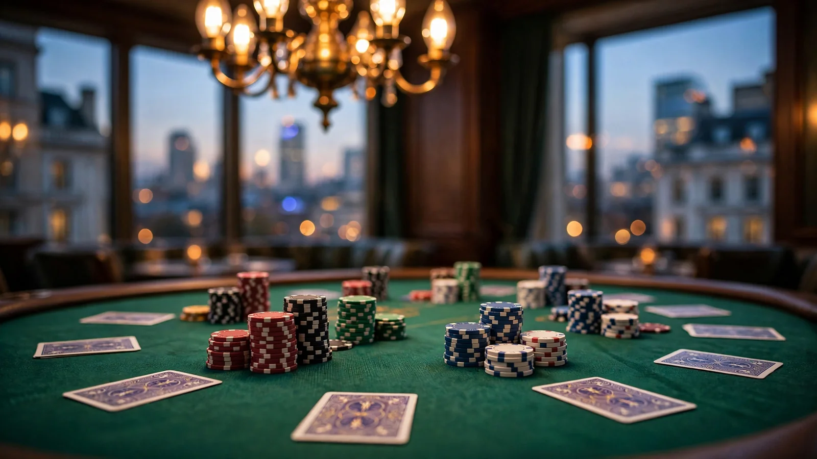 Casino tournament table with stacked chips and cards, London skyline through windows
