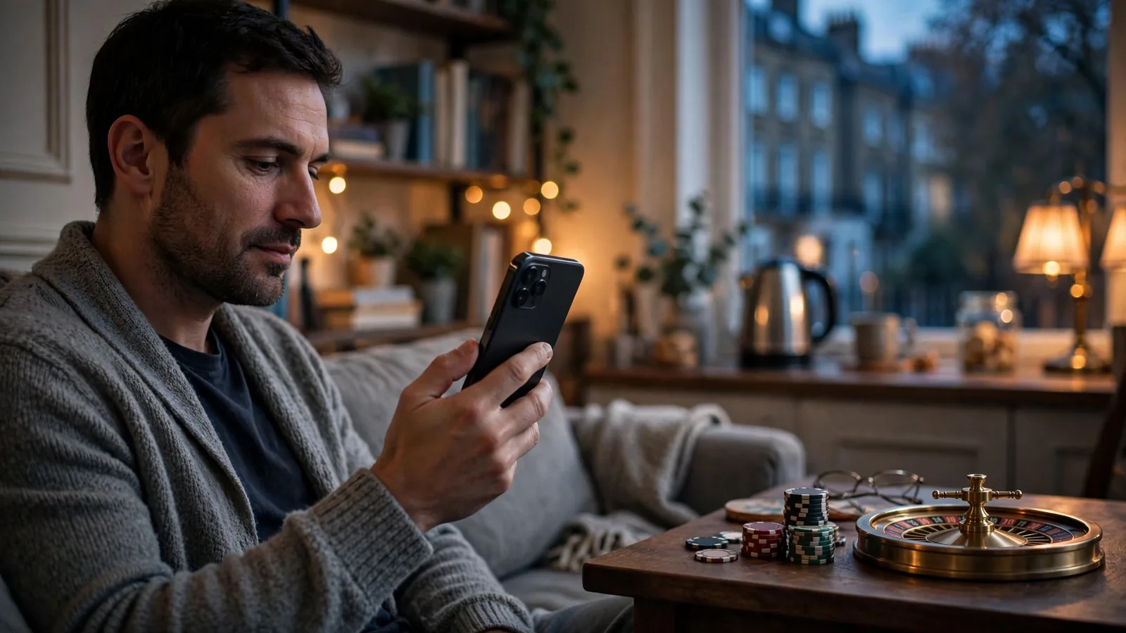 Person holding a smartphone near casino chips and a roulette wheel in a British apartment.
